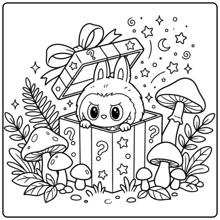 Schattige kleurplaat labubu secret uit een doos.