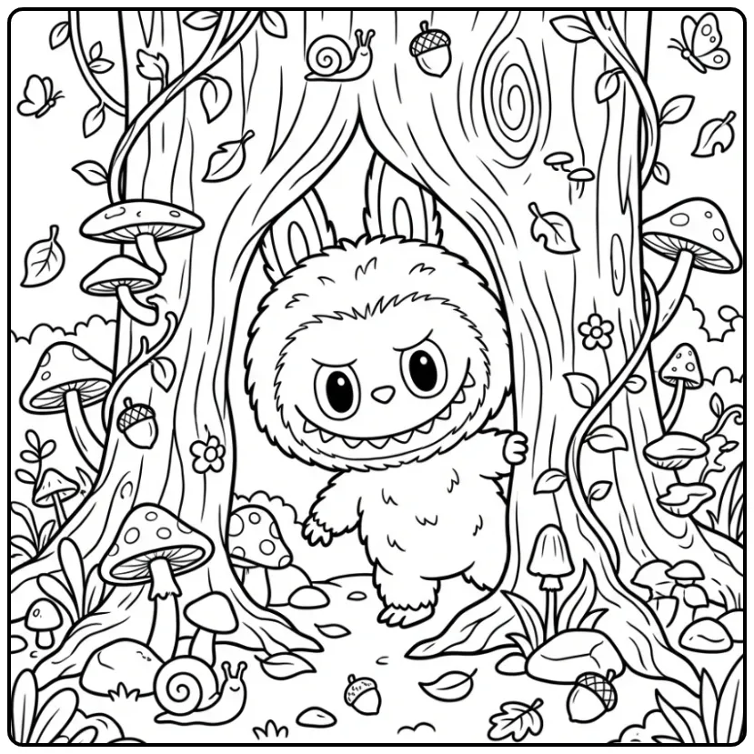 Schattige kleurplaat labubu secret in een holle boomstam.