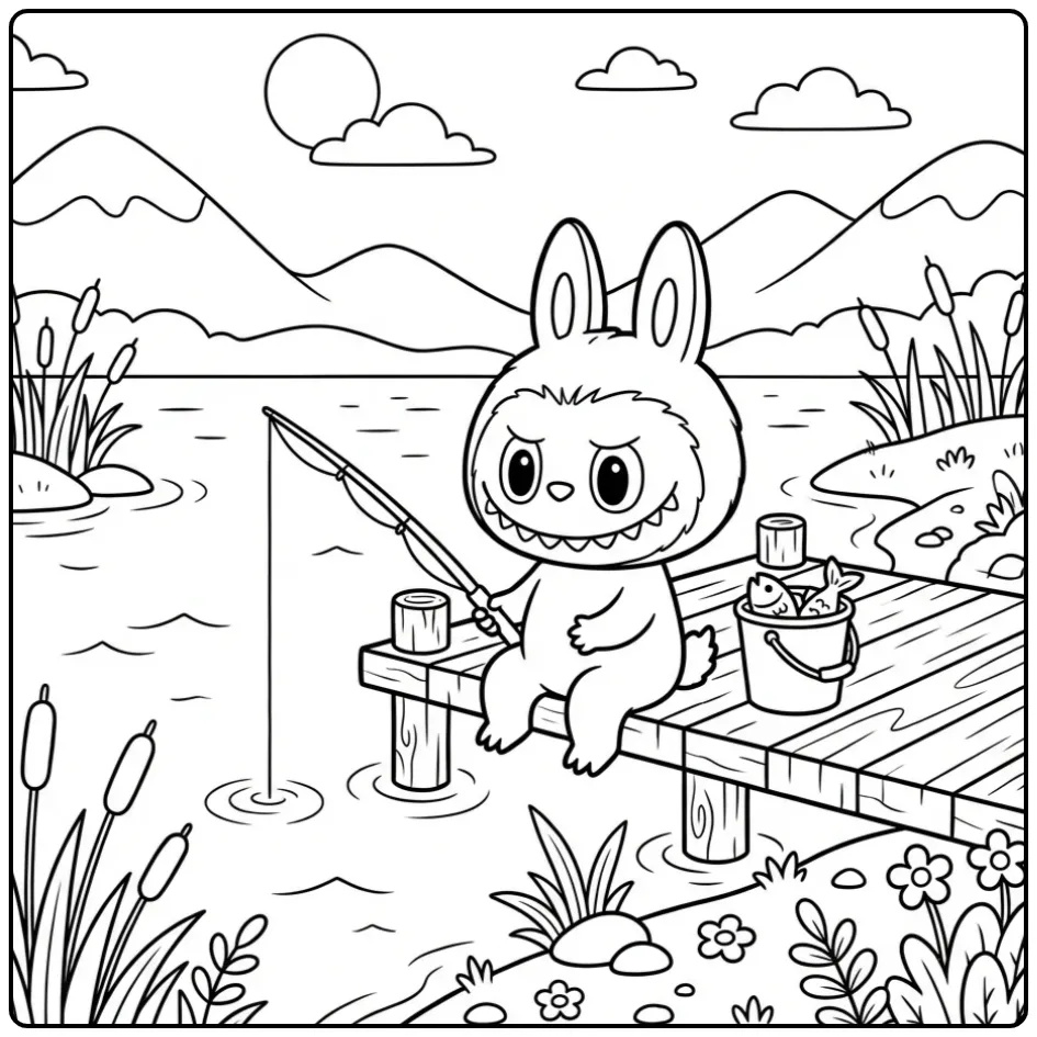 Een leuke kleurplaat labubu zomer vissend op een steiger.