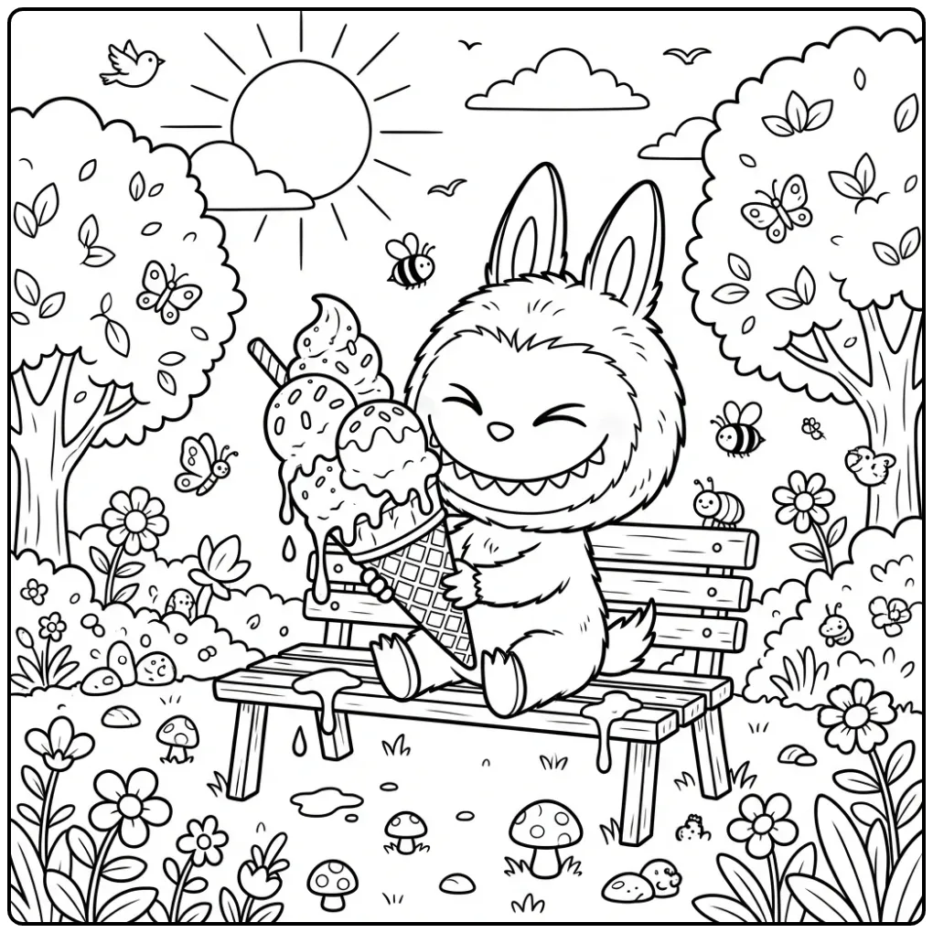 Vrolijke kleurplaat labubu zomer met een groot ijsje.