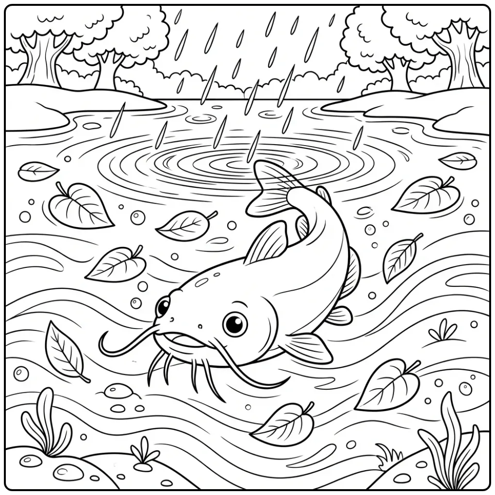 Een schattige kleurplaat meerval zwemmend in de regen.