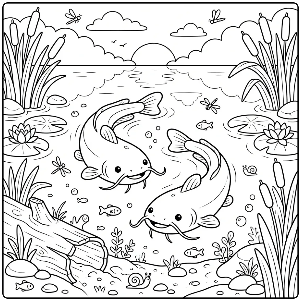 Vrolijke kleurplaat meerval zwemmend tussen riet en lelies