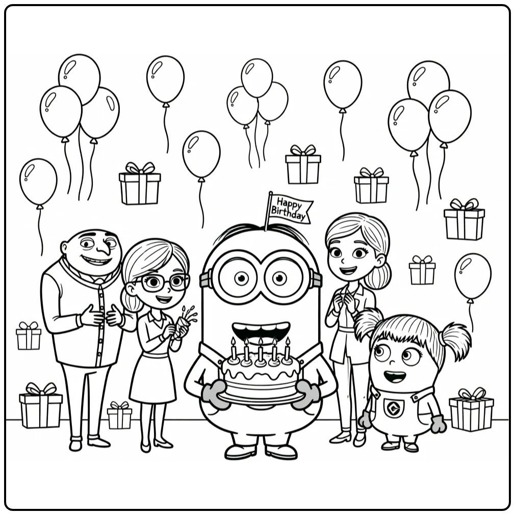 Kleurplaat minions verjaardag: blije Minion met taart, Gru, Lucy, Agnes