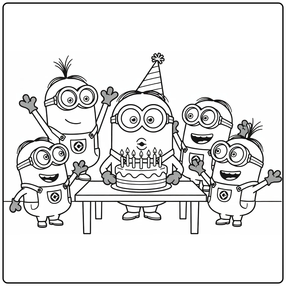 Kleurplaat minions verjaardag: Minion blaast kaarsjes uit