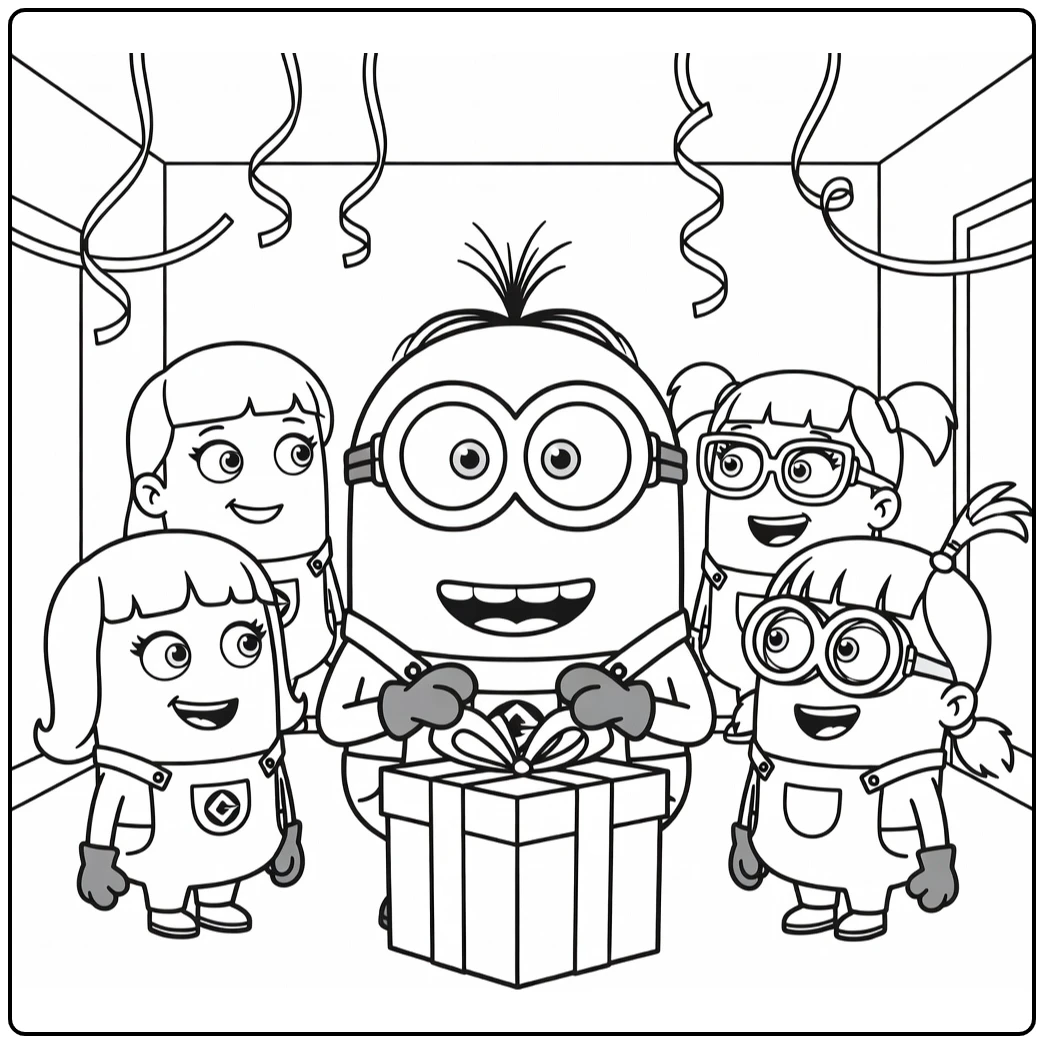 Kleurplaat minions verjaardag: blije Minion opent cadeau met meisjes