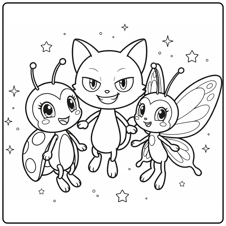 Kleurplaat Miraculous kwamis: Tikki, Plagg, Nooroo zwevend