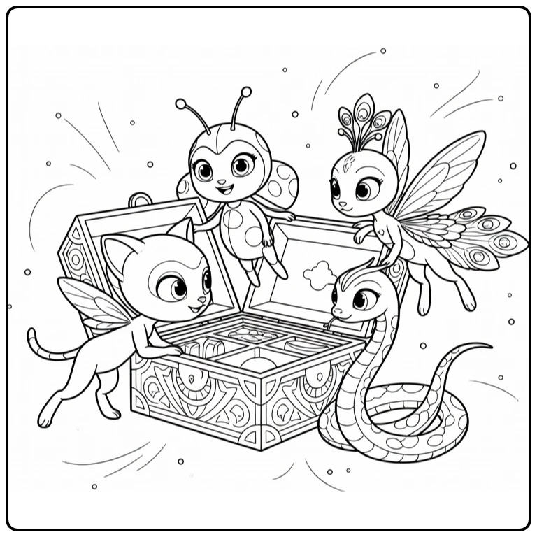 Kleurplaat miraculous kwamis: Tikki, Plagg, Duusu & Sass bij open box
