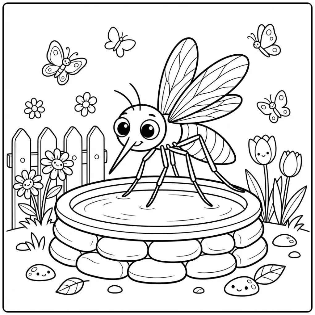 Een schattige kleurplaat mug op een vogelbadje in de tuin.
