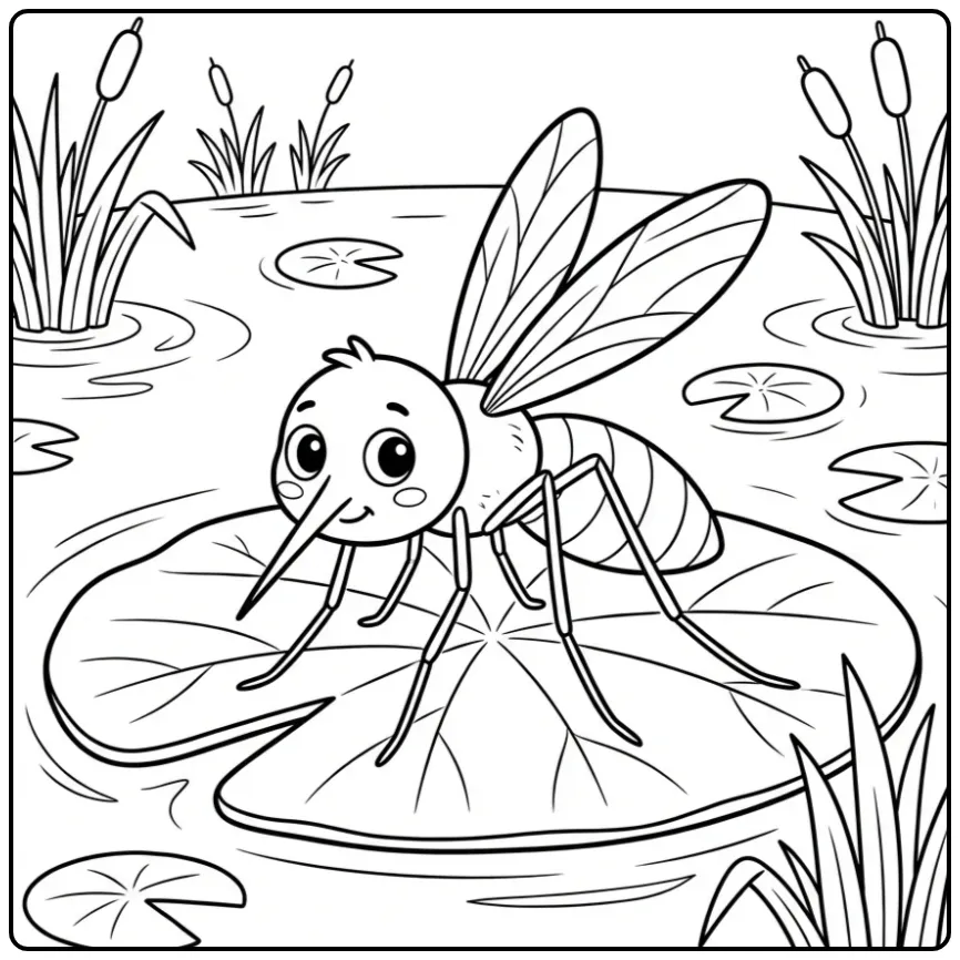 Schattige kleurplaat mug op een lotusblad in de vijver.