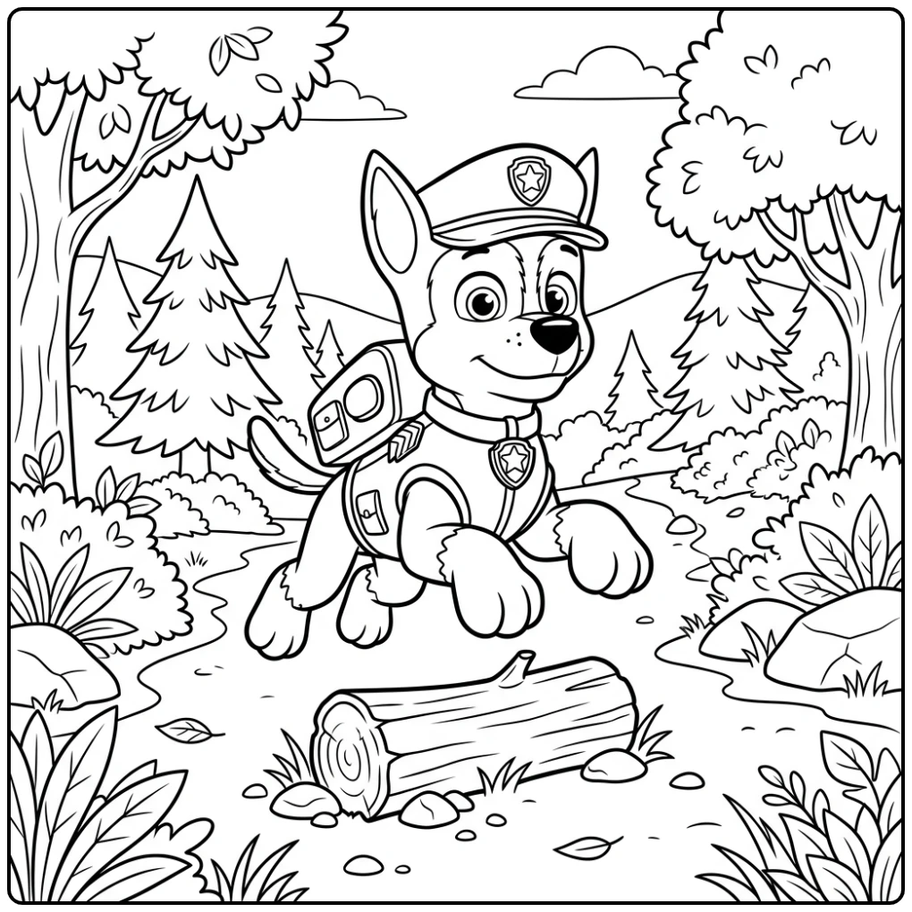 Kleurplaat Paw Patrol Chase springt behendig over een boomstam
