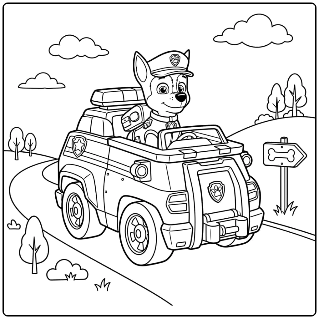 Kleurplaat Paw Patrol Chase Auto: Chase racet in zijn politiewagen.