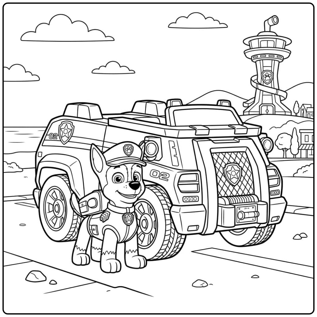 Kleurplaat Paw Patrol Chase Auto: Avontuurlijke missie in Adventure Bay