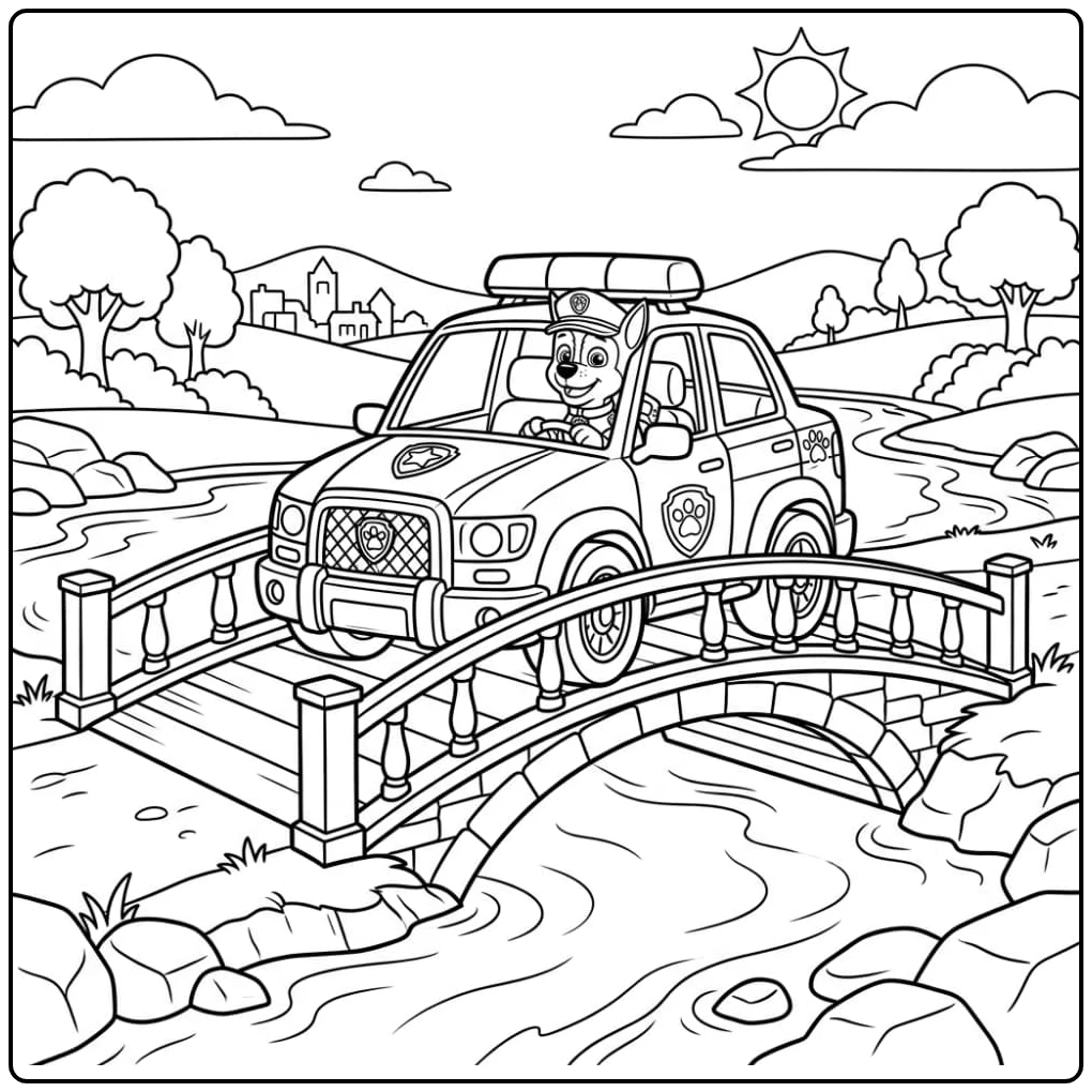 Kleurplaat Paw Patrol Chase Auto op reddingsmissie, dappere held.