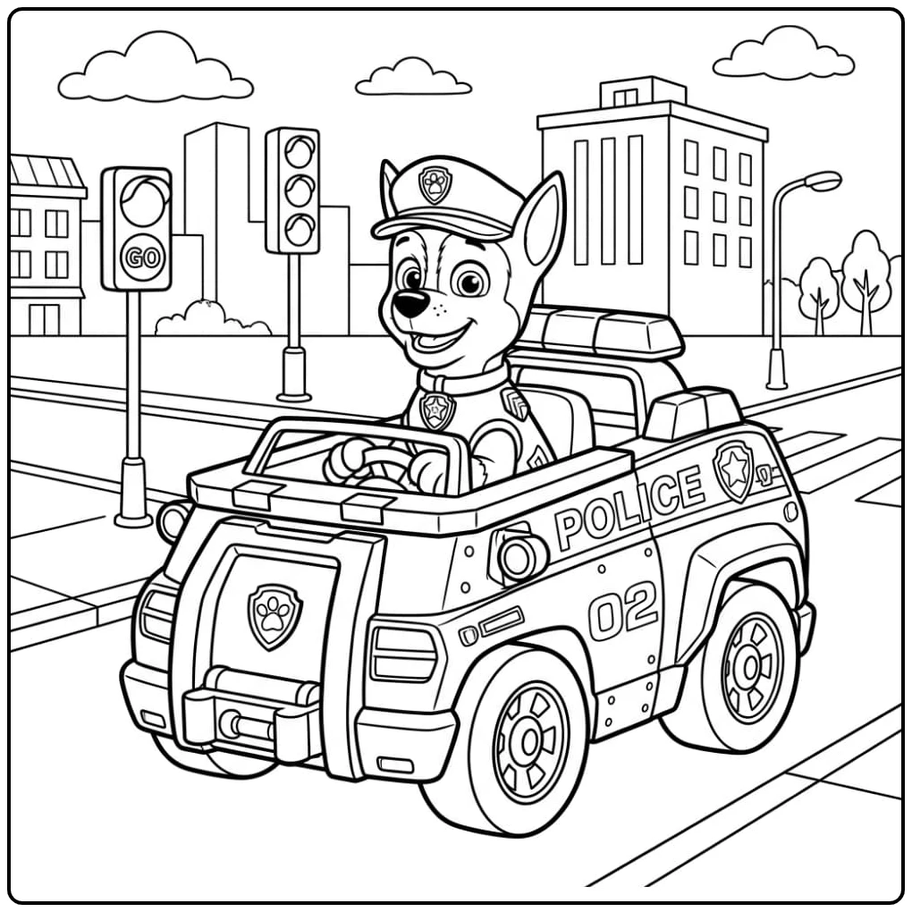 Kleurplaat Paw Patrol Chase Auto op avontuur in de bruisende stad.