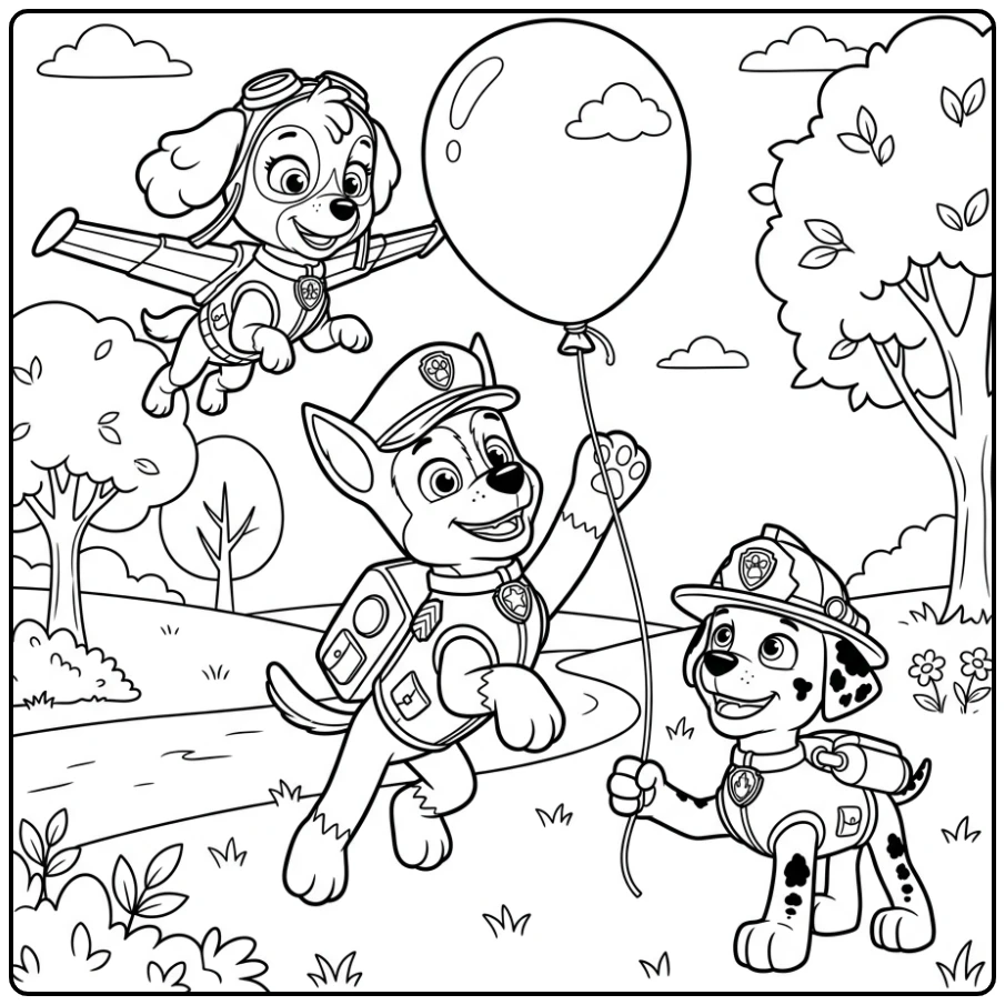 kleurplaat paw patrol chase: Chase redt ballon met Skye & Marshall