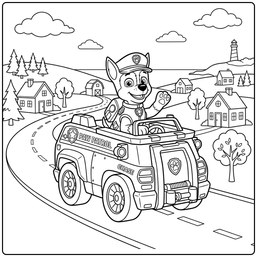 kleurplaat paw patrol chase: Chase rijdt in zijn politieauto door Avonturenbaai.