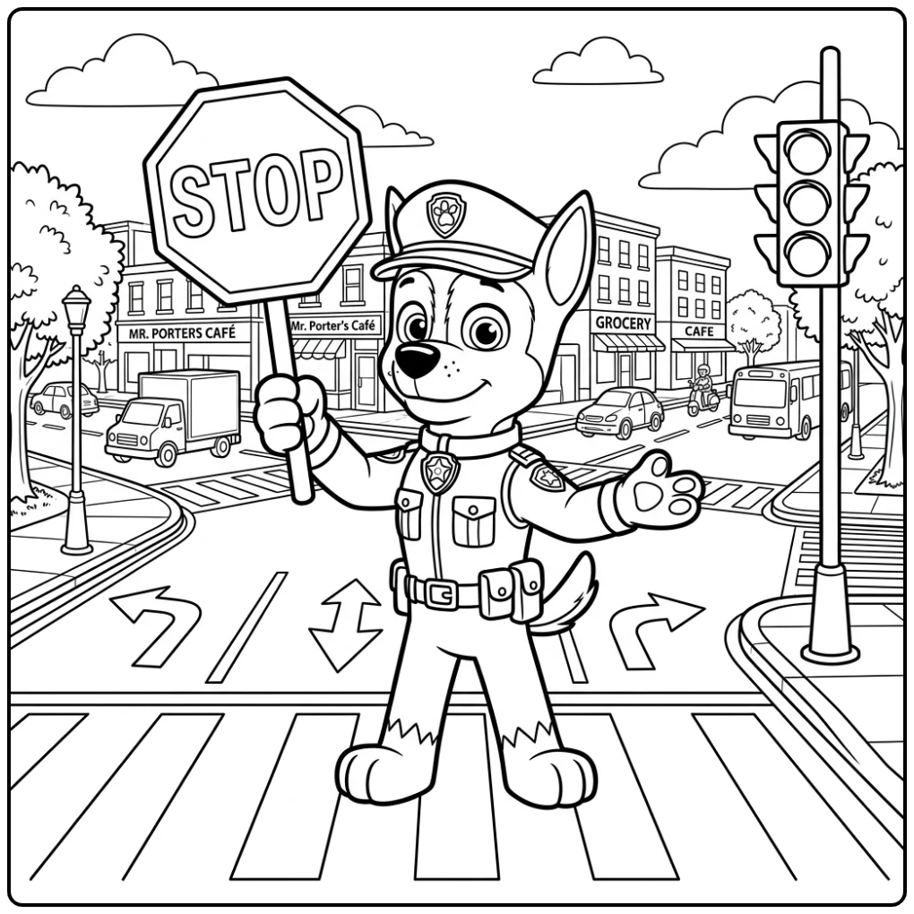 Dappere kleurplaat paw patrol chase regelt verkeer op druk kruispunt.