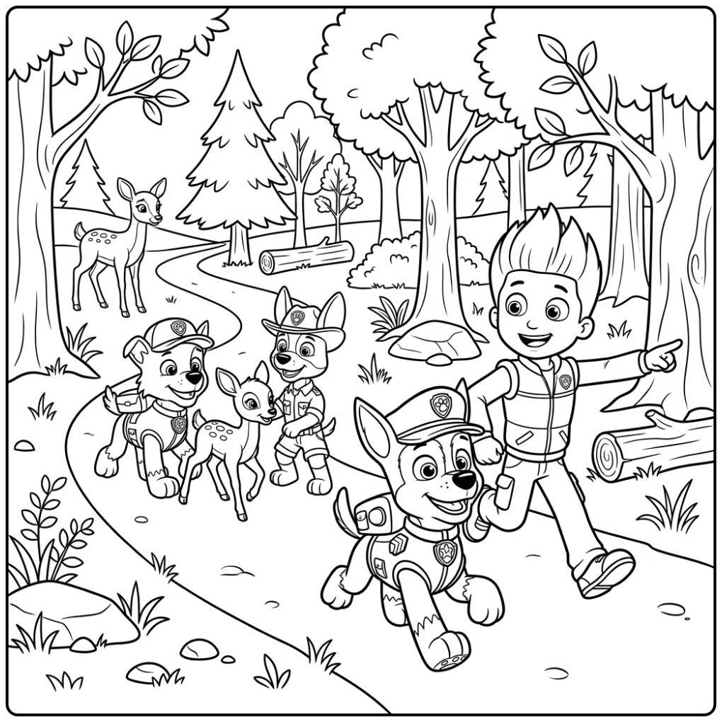 Kleurplaat Paw Patrol Chase: Bosredding met Ryder, Rocky en Tracker.