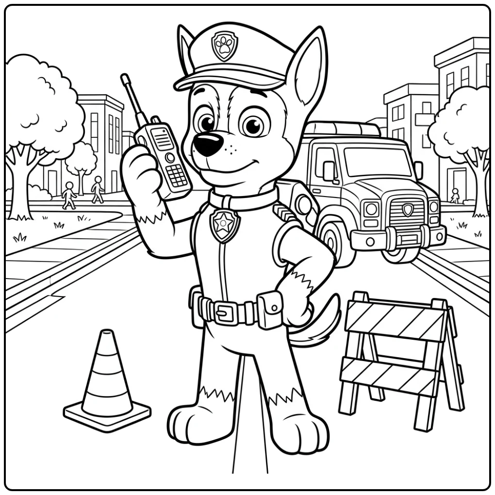 Kleurplaat paw patrol chase met walkietalkie, kegel en barrière