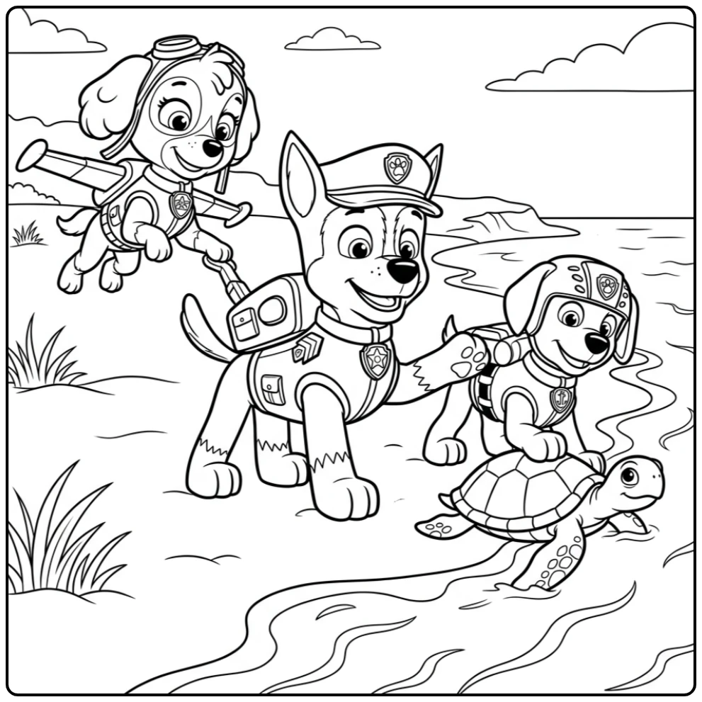 Kleurplaat Paw Patrol Chase redt schildpad op het strand.