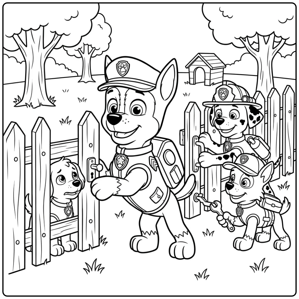 Dappere kleurplaat paw patrol chase redt puppy van hek.