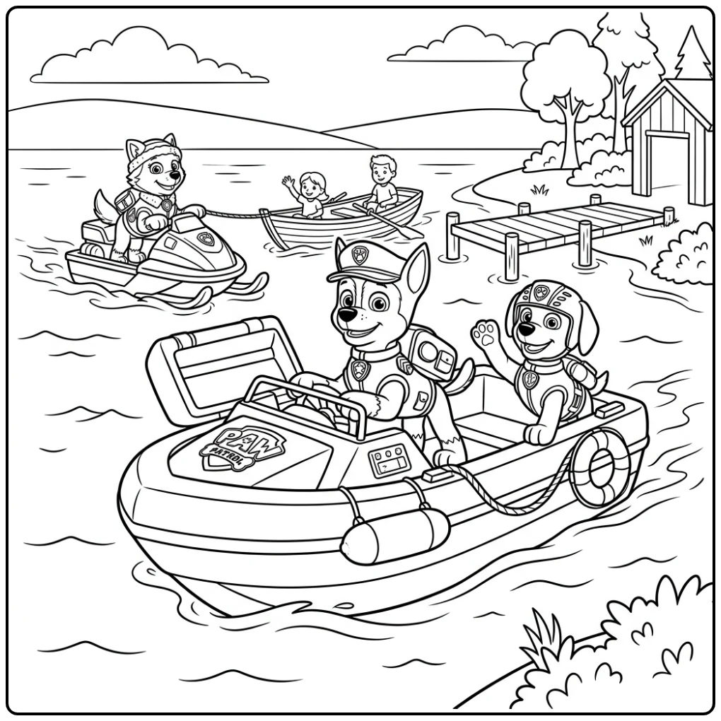 kleurplaat paw patrol chase: Chase leidt reddingsbootmissie