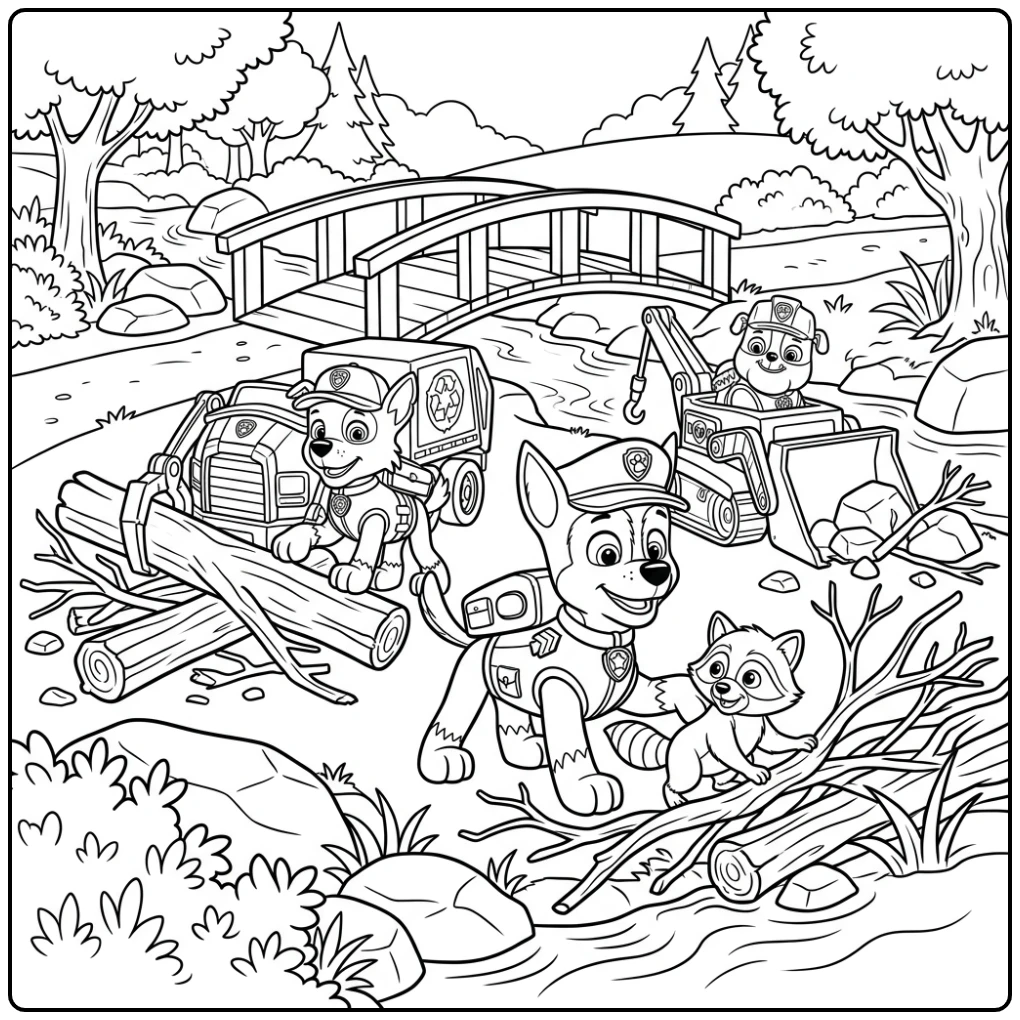 Avontuurlijke kleurplaat paw patrol chase: redding bij de brug