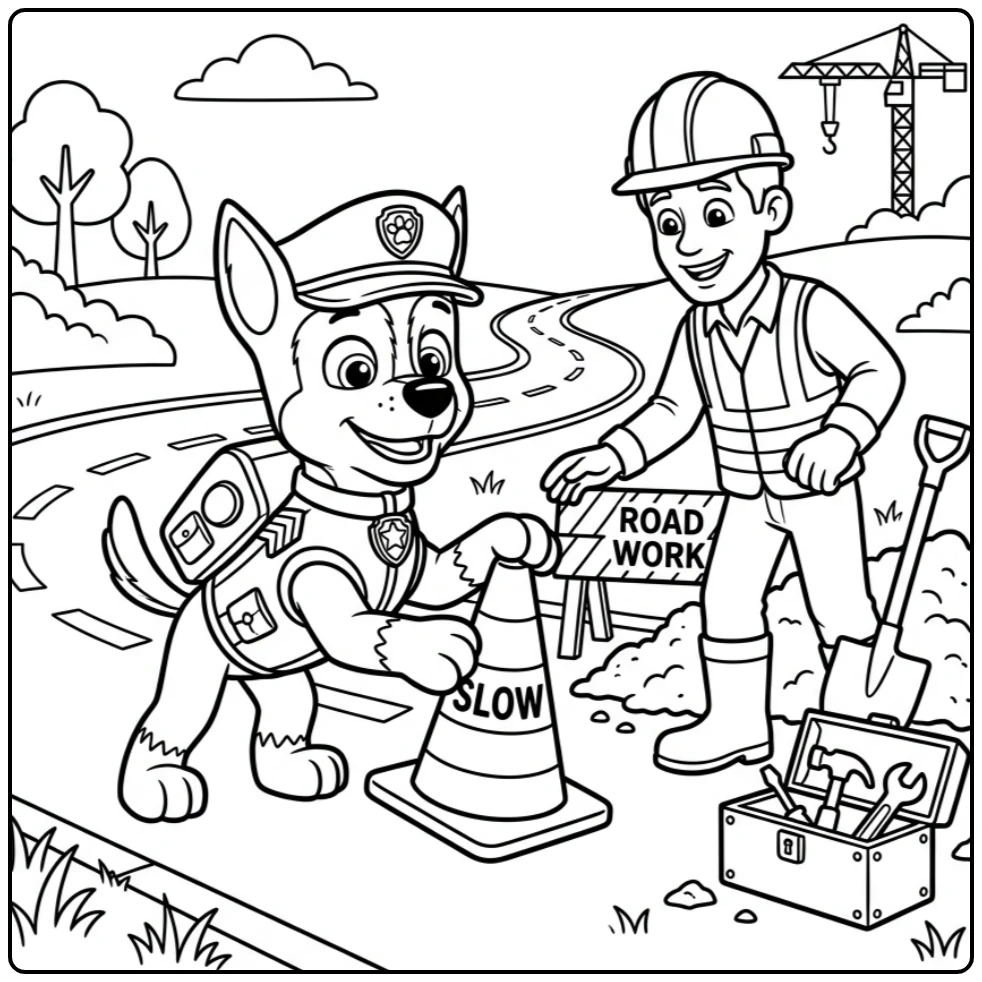 kleurplaat paw patrol chase: Chase plaatst veiligheidsconus bij weg