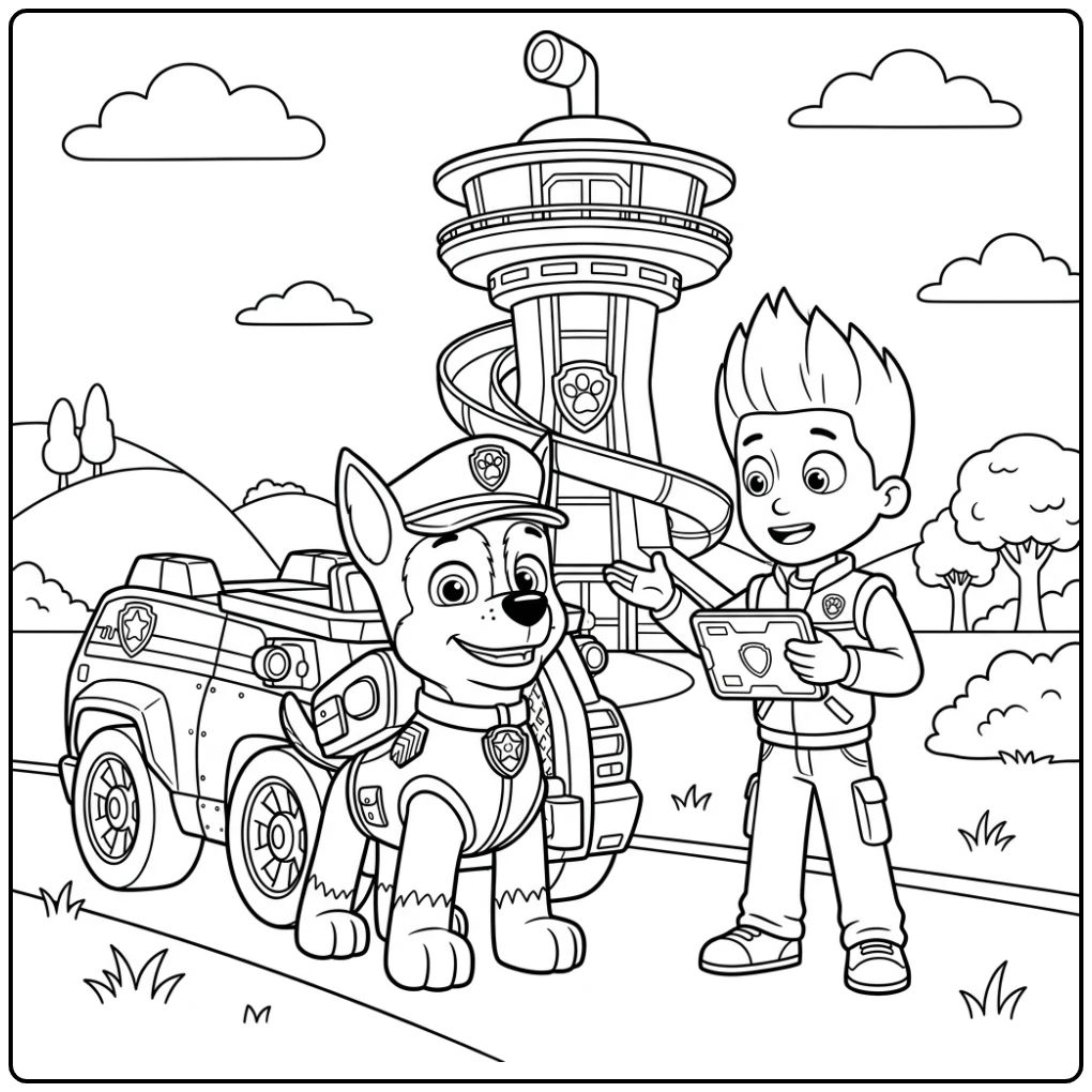 Kleurplaat Paw Patrol Chase: Chase en Ryder bij de patrouillewagen.