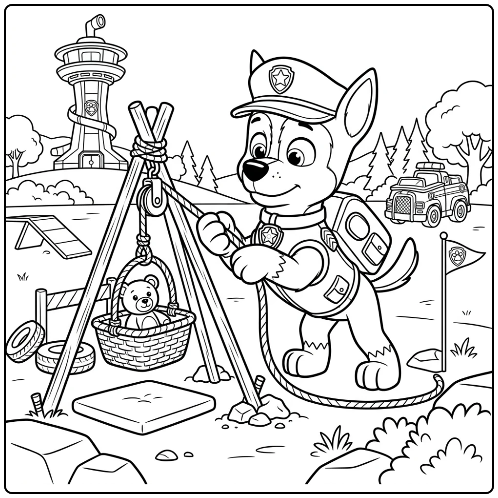 Kleurplaat paw patrol chase: Chase trekt touw om mand te tillen bij reddingsoefening.