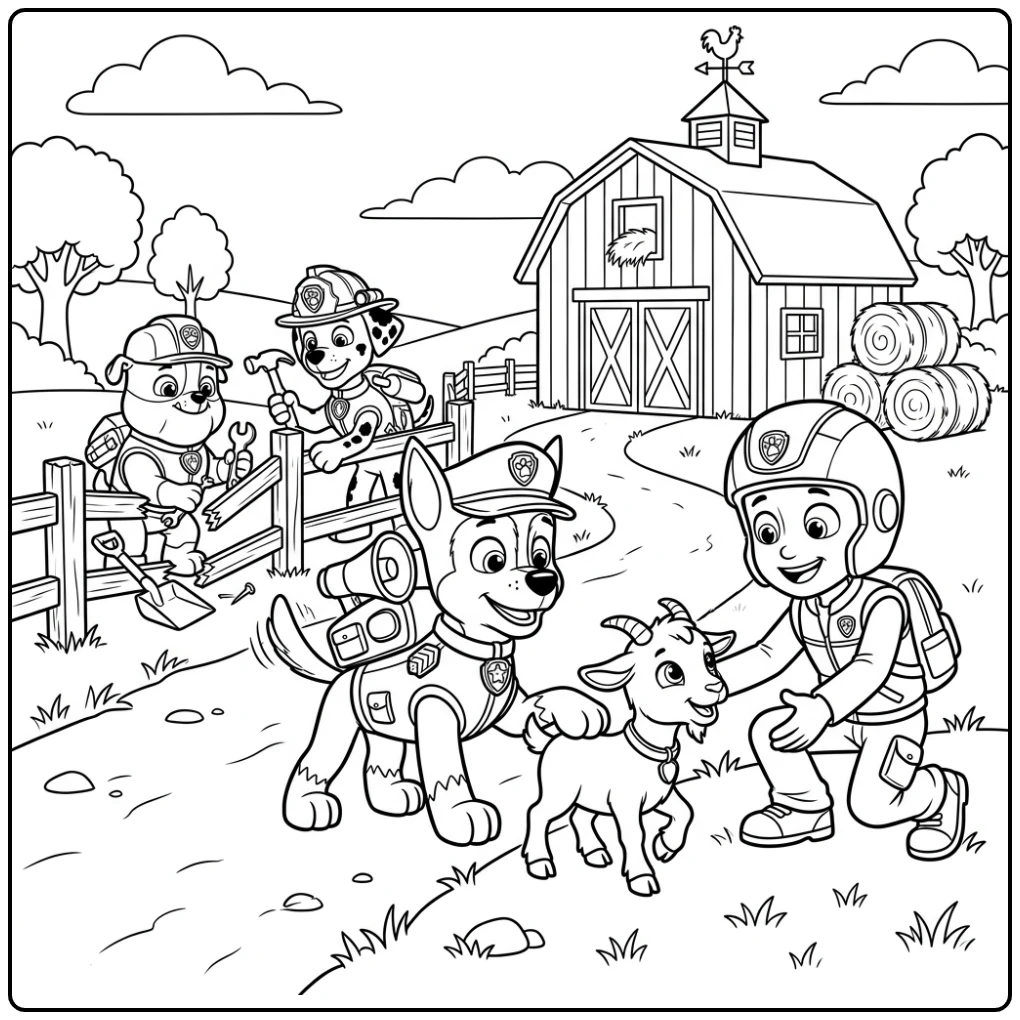 Avontuurlijke kleurplaat paw patrol chase redt geit op boerderij