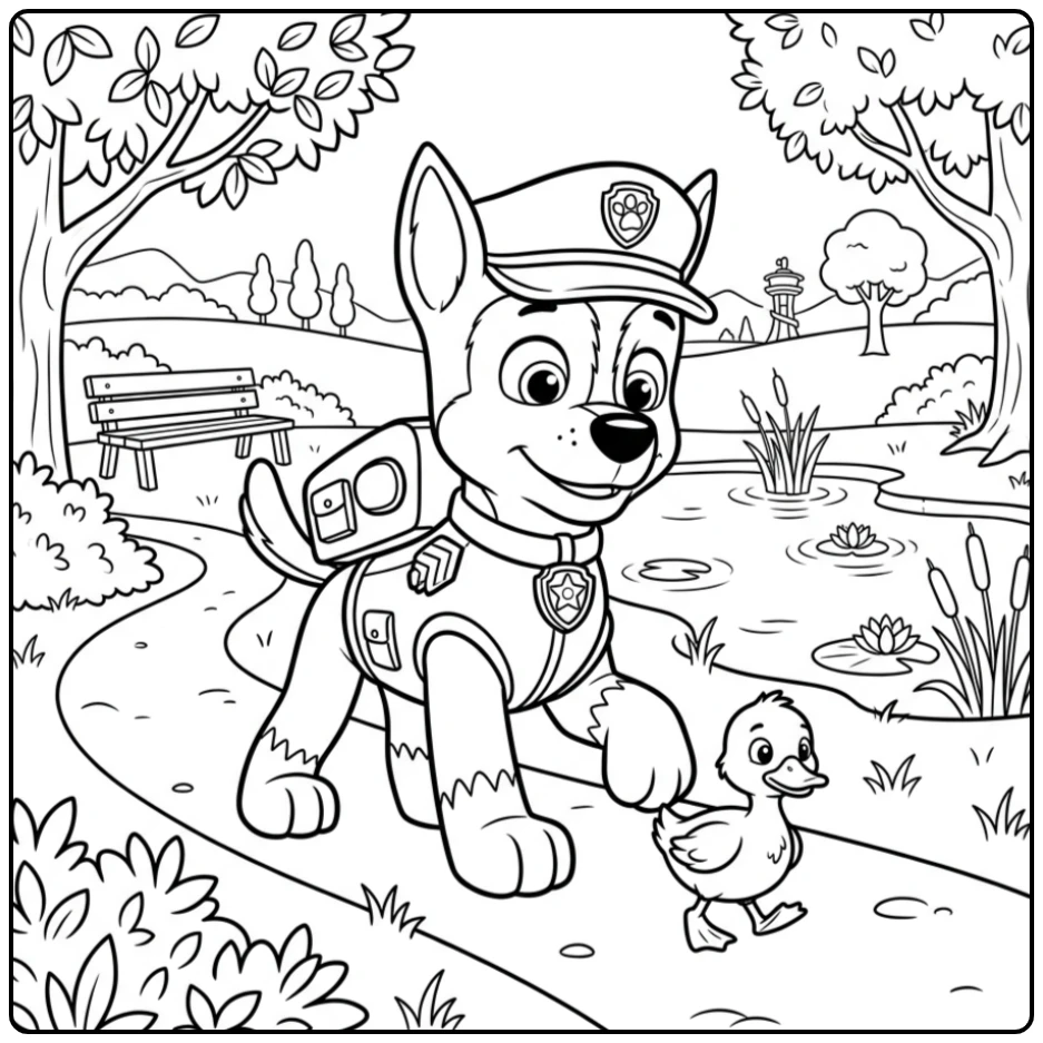 Moedige kleurplaat paw patrol chase helpt eendje over pad