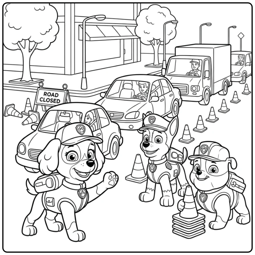 kleurplaat paw patrol liberty: Liberty regelt verkeer met Chase en Rubble.