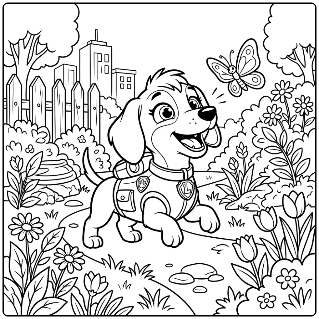 Vrolijke kleurplaat paw patrol liberty met vlinder in stadstuin