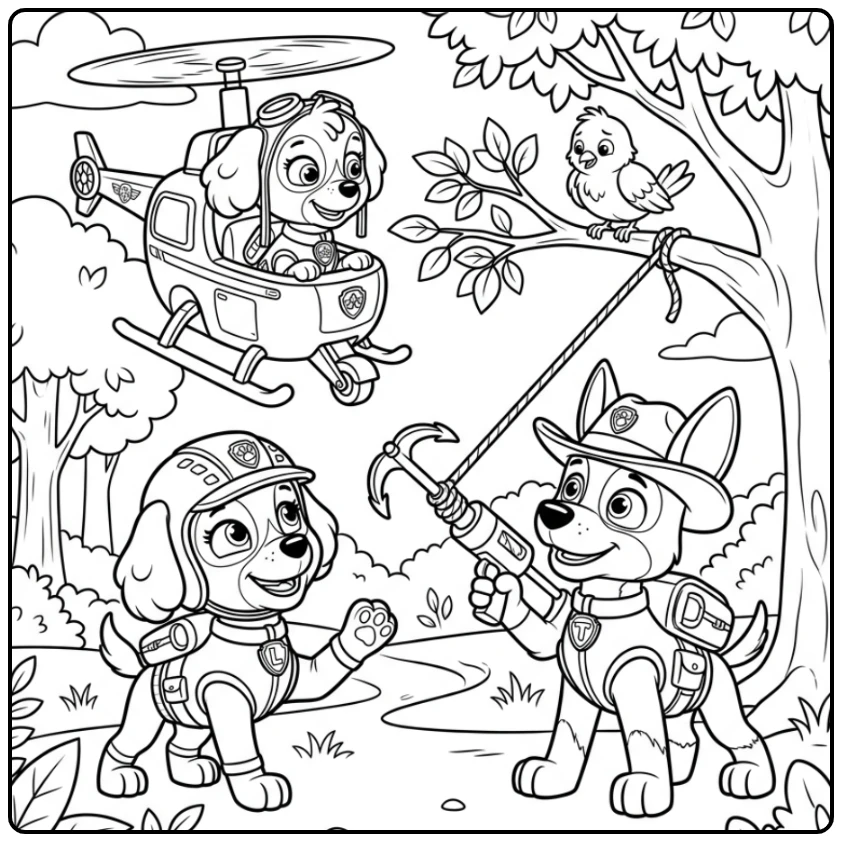 Kleurplaat paw patrol liberty: Skye en Tracker redden vogel.