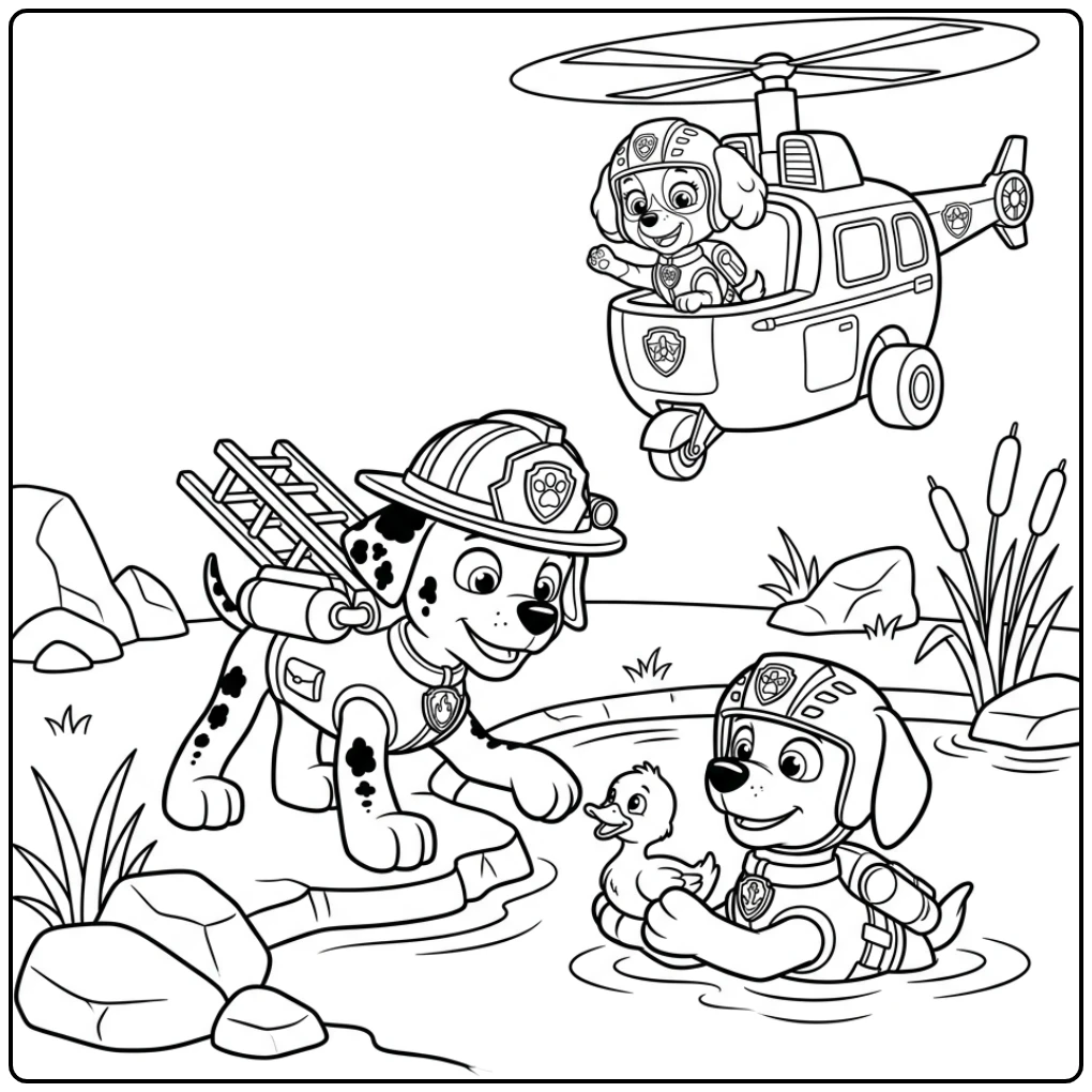 kleurplaat paw patrol marshall redt eendje uit vijver met Zuma en Skye