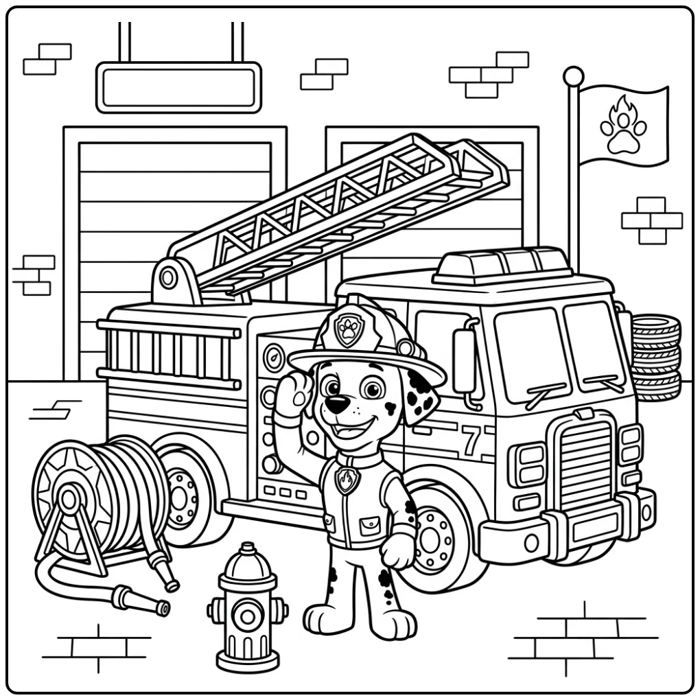 Marshall en zijn brandweerwagen: kleurplaat paw patrol marshall pup