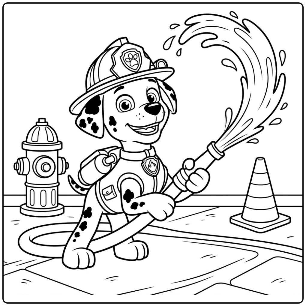 Marshall oefent een reddingsoefening. Kleurplaat Paw Patrol Marshall.