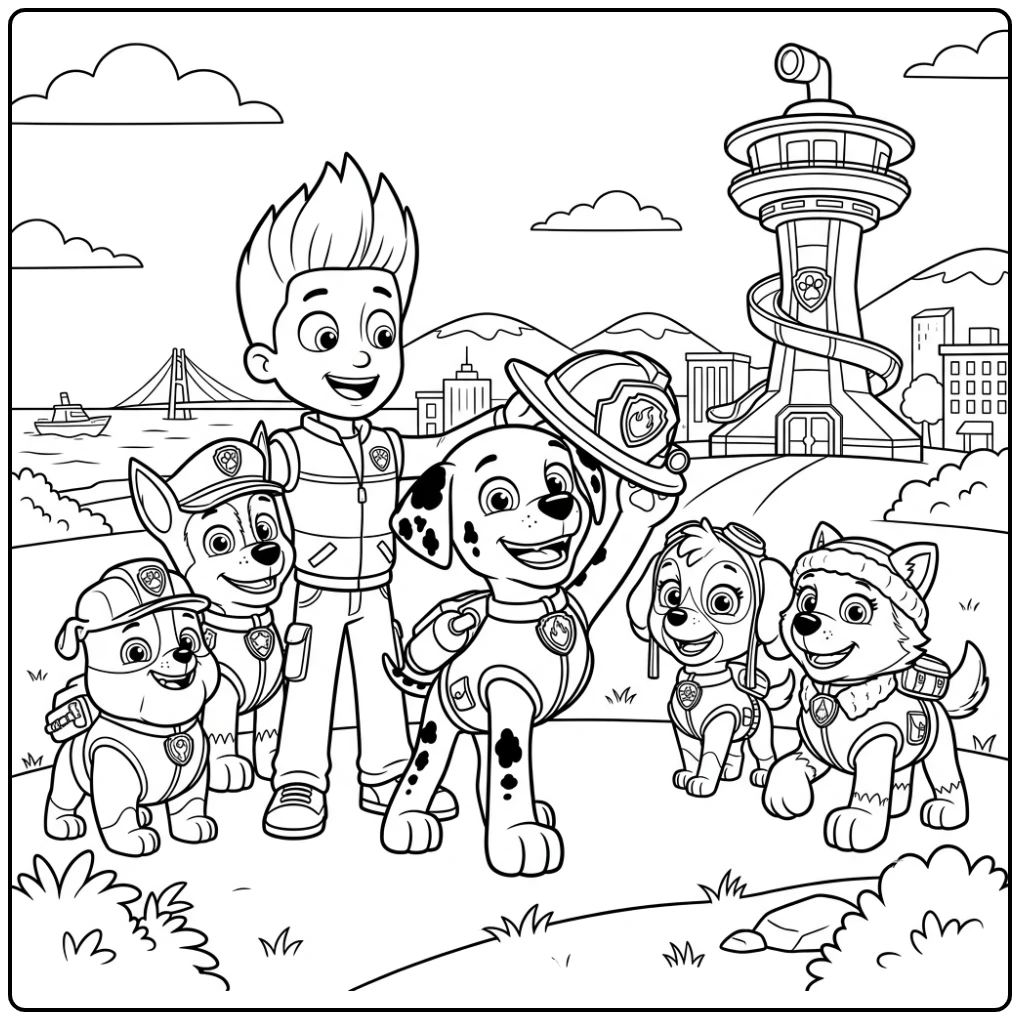 Vrolijke kleurplaat paw patrol marshall viert een geslaagde missie.