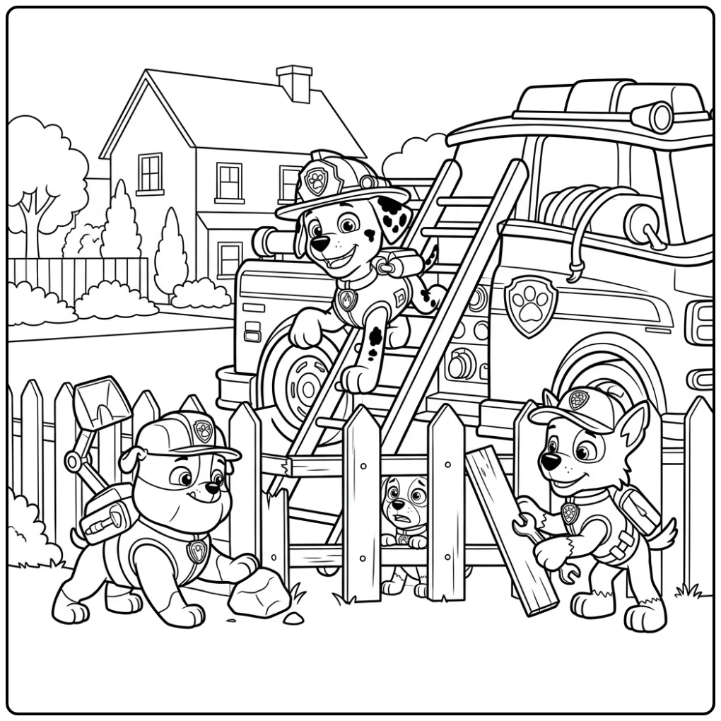 Kleurplaat Paw Patrol Marshall: Marshall redt puppy van ladder.