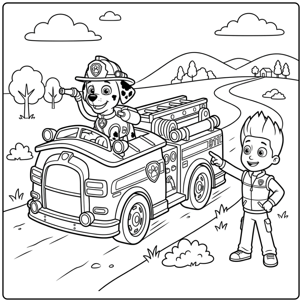 Marshall en Ryder op reddingsmissie: kleurplaat paw patrol marshall actie.