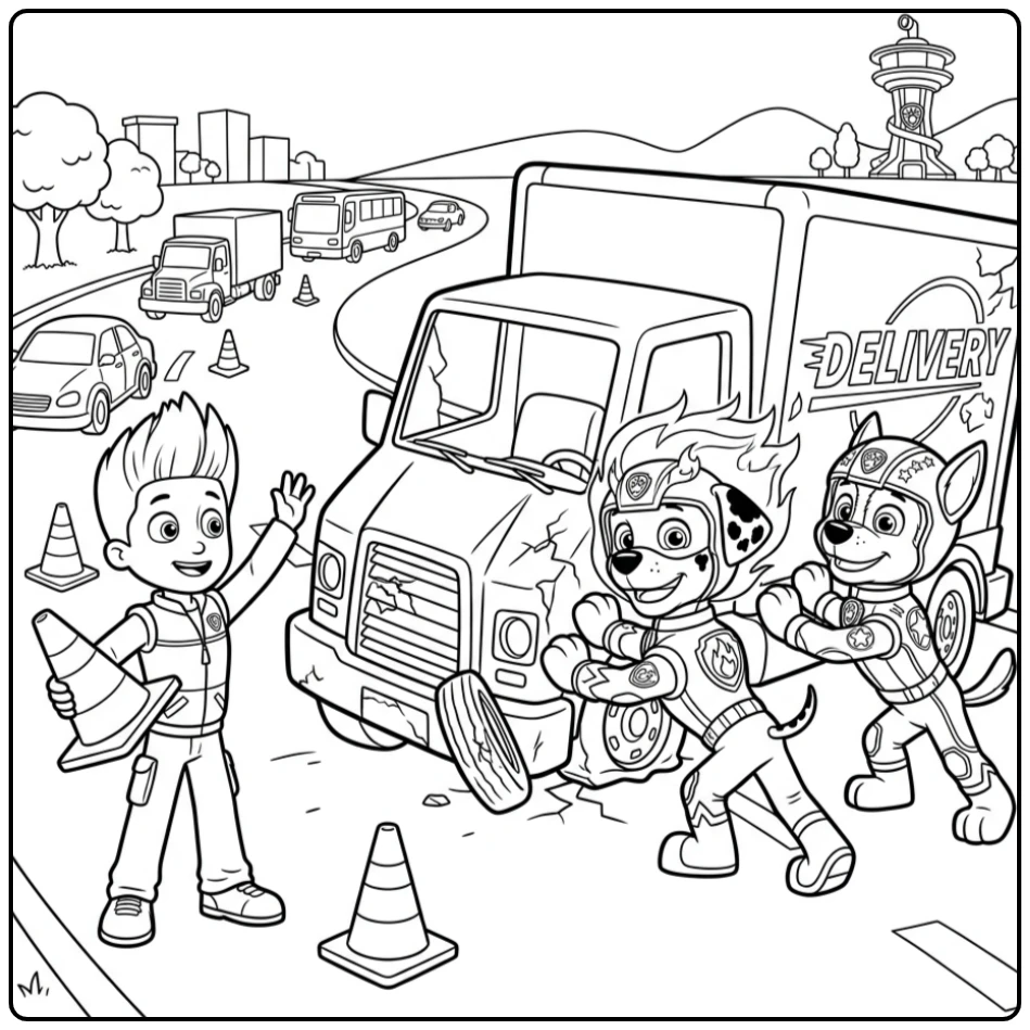 kleurplaat paw patrol mega pups: Marshall & Chase redden truck van de weg