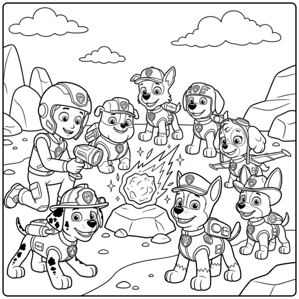 Spannende kleurplaat paw patrol mega pups met Ryder en team bij meteoriet.