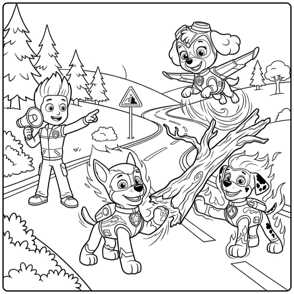 kleurplaat paw patrol mega pups: Chase, Marshall, Skye redden boom