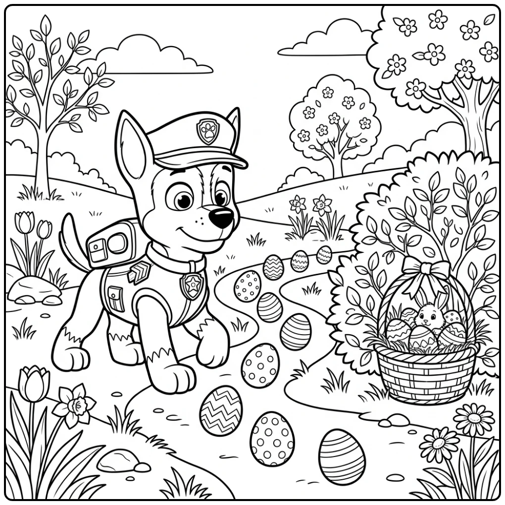 kleurplaat paw patrol pasen: Chase volgt spoor van eieren naar mand.