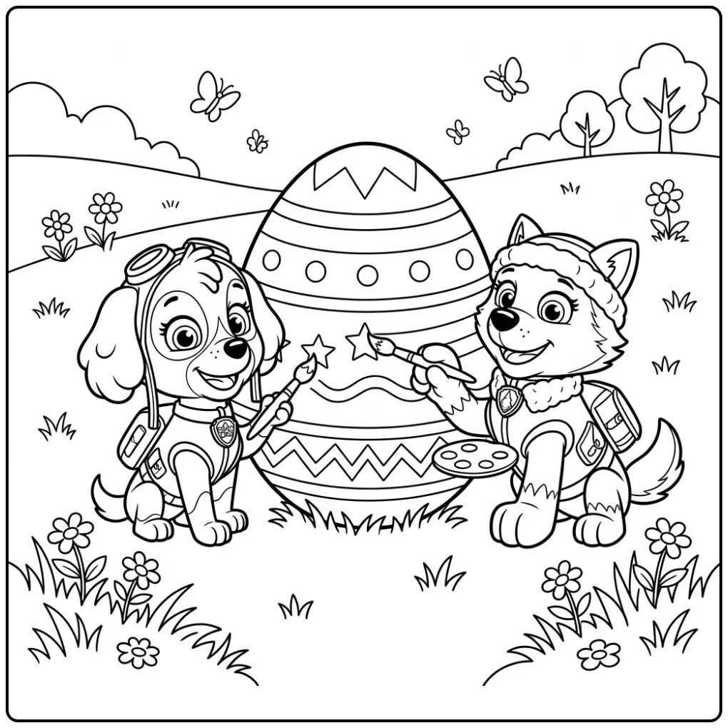 Skye en Everest versieren groot paasei, kleurplaat paw patrol pasen