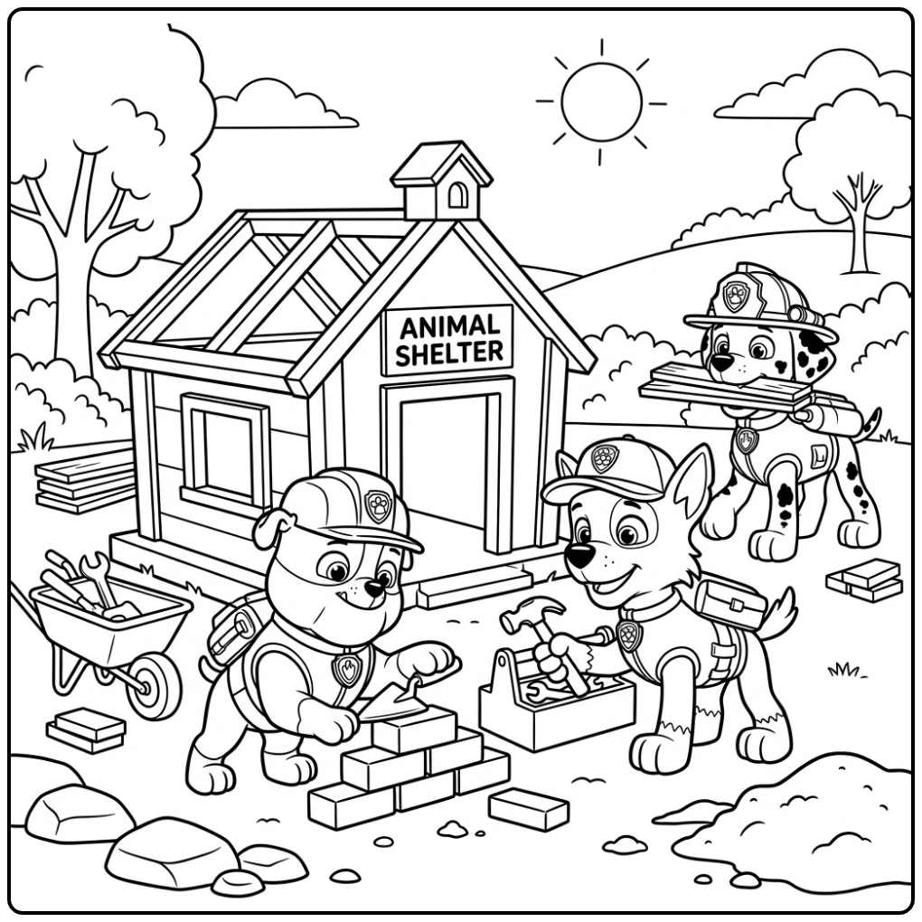 Rubble bouwt dierenasiel, kleurplaat paw patrol rubble actie.