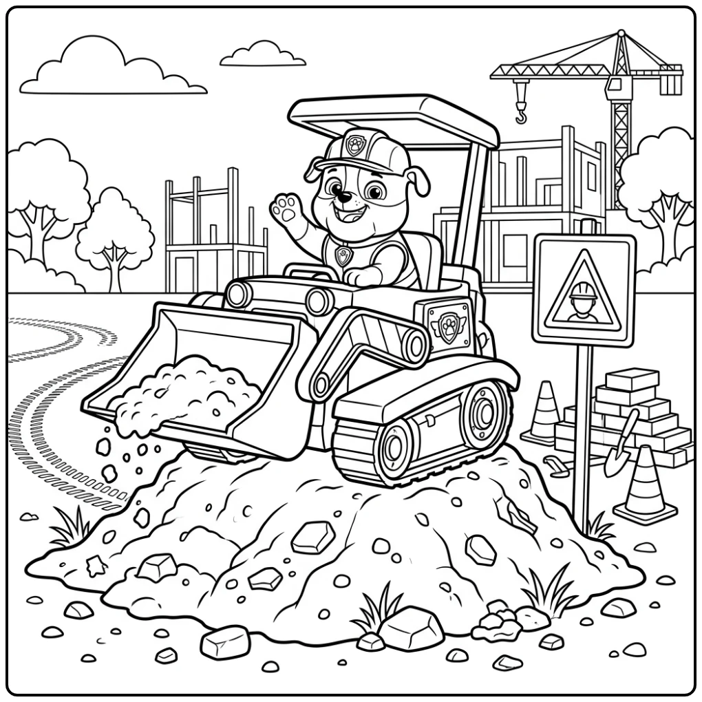 Vrolijke kleurplaat paw patrol rubble op zijn bulldozer bij een bouwplaats.