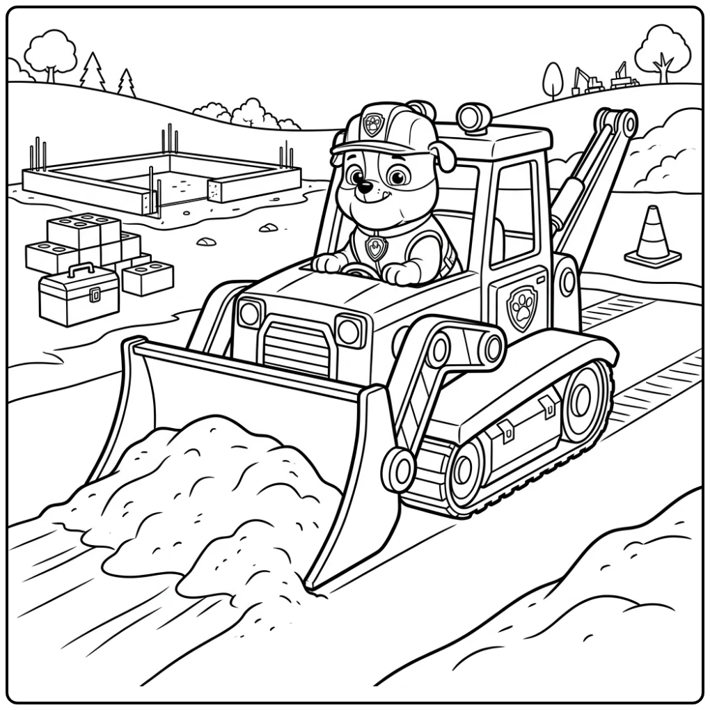 kleurplaat paw patrol rubble met Rubble die zand duwt voor bouw.