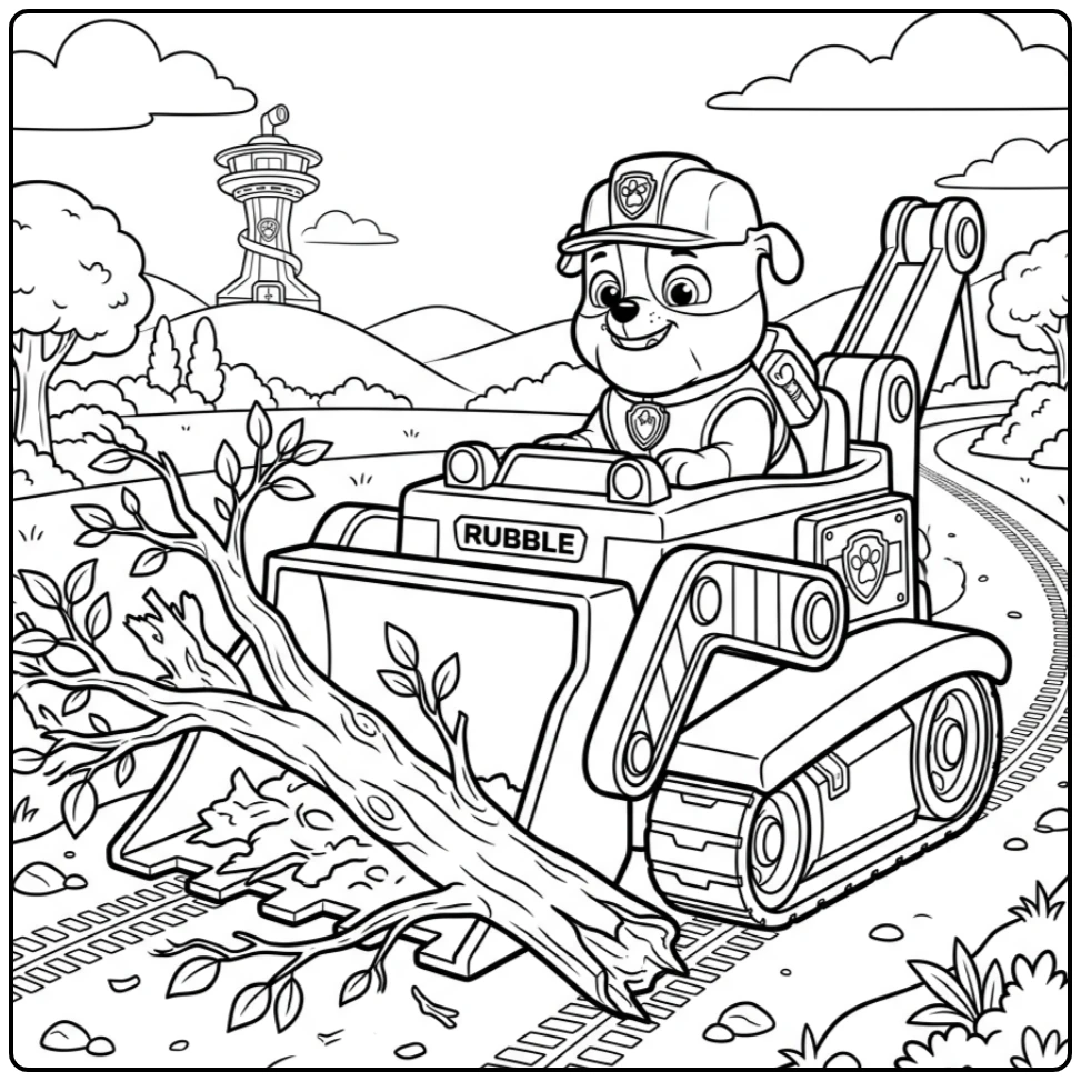 Kleurplaat Paw Patrol Rubble ruimt tak van weg met bulldozer scoop.